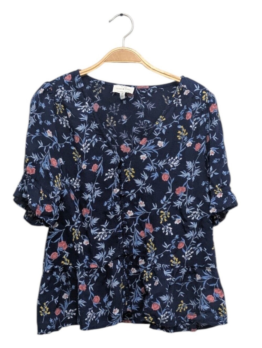 Lucky Brand Navy Blue Floral Button Down Blouse Medium